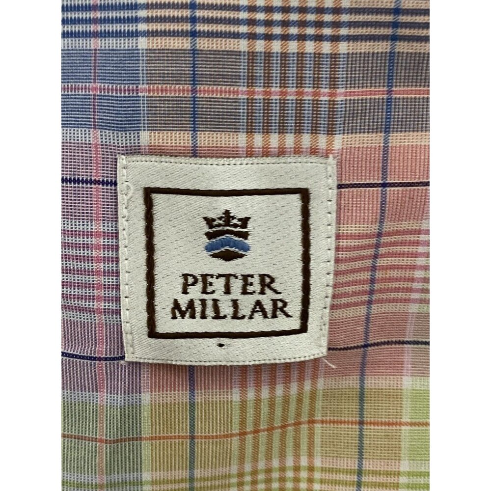 Peter Millar Men's Medium Short Sleeve Button Front Plaid Shirt Pink Yellow Blue - Picture 10 of 11